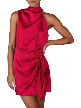 Women's Red Sleeveless Mock Neck Formal Satin Tie Waist Tank Top Dress